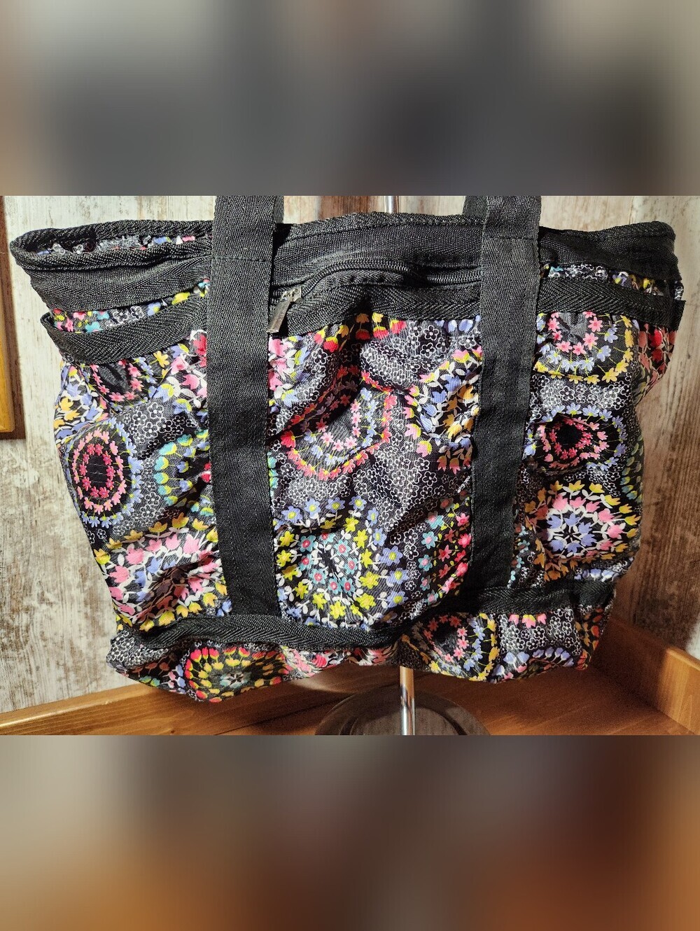 Aphorism Black Nylon Multi Color Tote Floral Medallions Side Pockets Zippers